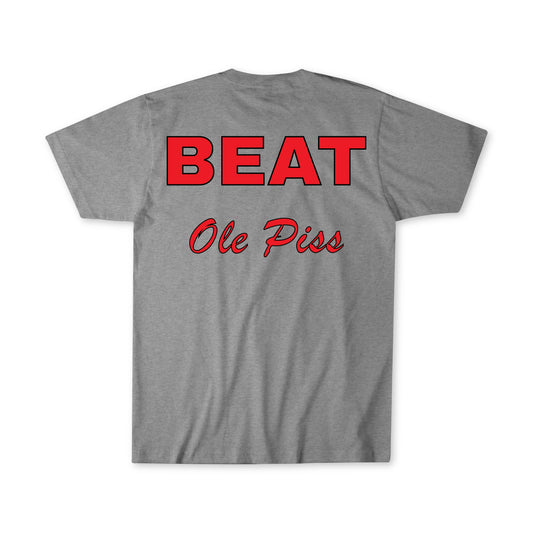 Gray UGA football shirt with "Beat Ole Piss" in red